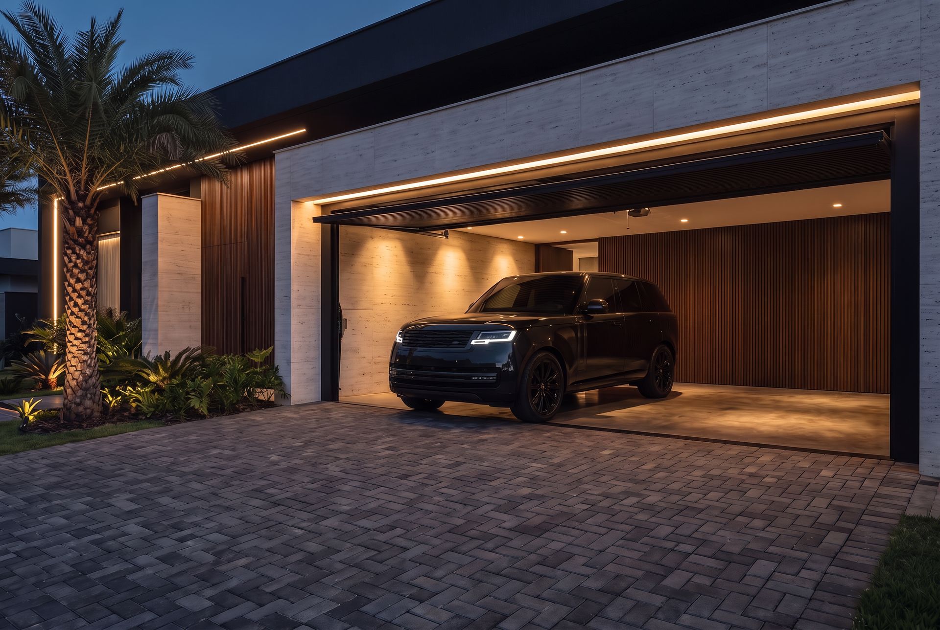 SUV escuro na garagem de uma casa em condomínio fechado